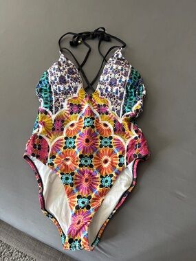 Trina Turk Black-Accented Multicolor Floral Mosaic One-Piece Swimsuit
